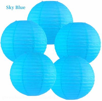 China Blue Paper Paper Lanterns Round Halloween Paper Lantern For Party Wedding Handmade Outdoor Hanging Paper Lantern Led Lamp for sale