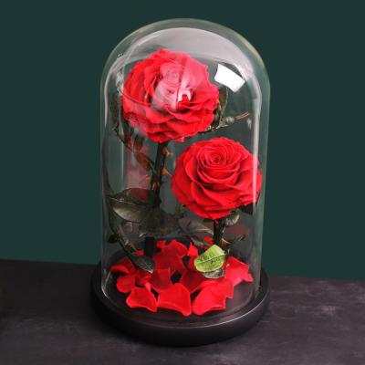 China Europe Tall Glass Domes With Heart Wooden Base Permanent Flower Preserved Eternal Flower Blossom for sale