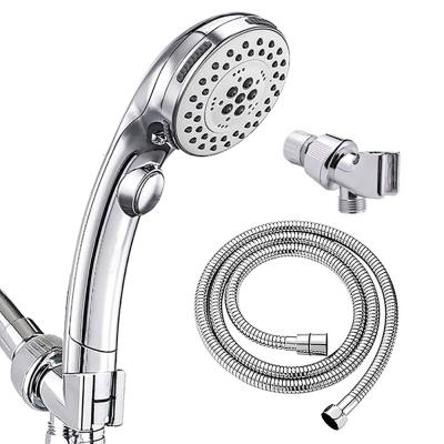 China Needleless One Button Water Stop Pressurized Bathroom Hand Held Shower Head Set 5 Functions With Hose for sale