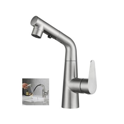 China Thermostatic Faucets 360 Degree Dual Mode 304 Rotating Spray Stainless Steel Pull Out Bathroom Sink Faucet With OFF Key for sale