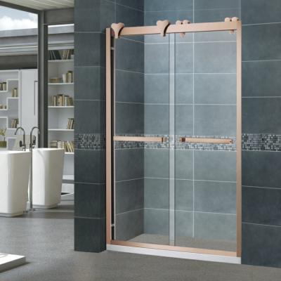 China Wheel Shower Screen Rose Golden Stainless Steel With Snap-in Luxury Frame Aqua Glass Sliding Shower Door for sale