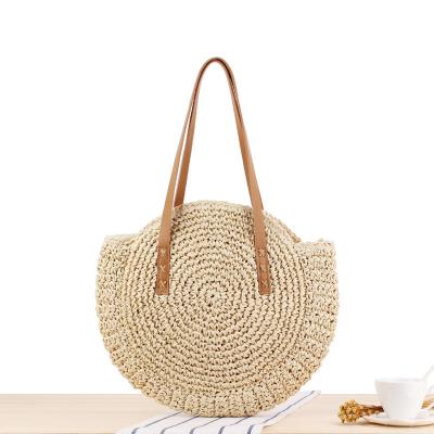 China Others New Simple Round Shoulder Bag Fashion French Beach Straw Bag Women Summer Boho Handbag With PU Handle for sale