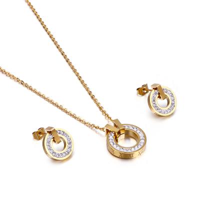 China CLASSIC Stainless Steel Jewelry Necklace Earring Set Roman Numerals Diamond Stainless Steel Jewelry Set 18k Gold Plated Necklace Set for sale