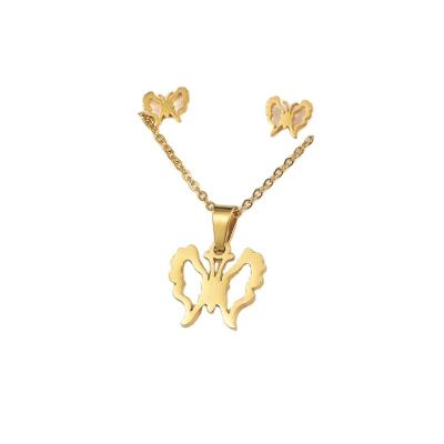 China CLASSIC Simple Gold Butterfly Necklace and Earring Dangle Jewelry Set Fashion Jewelry Set for Women Stainless Steel Gold Heart Necklace for sale