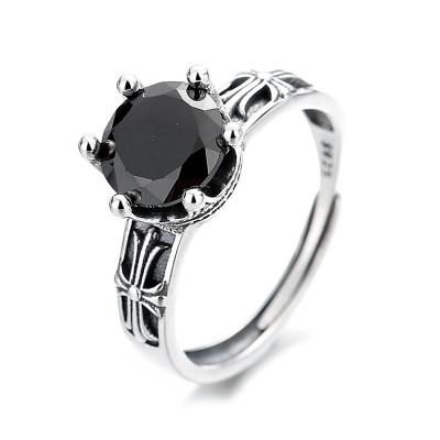 China S925 Sterling Silver Vintage Old Antique Cross Color CLASSIC Black Silver Zircon Pattern Adjustable Unisex Ring Simple Opening Ring for sale