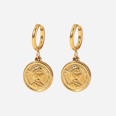 China CIS Fashion 18K PVD 316l GOLD CLASSIC Stainless Steel Non Tarnish Queen Elizabeth Head Coin Dangle Earrings For Women Jewelry for sale