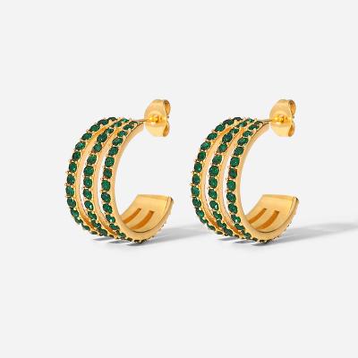 China CLASSIC 18K GOLD 316l Stainless PVD No Tarnish Full Diamond Green Cubic Zirconia Geometric C Shaped Earrings Women Jewelry for sale