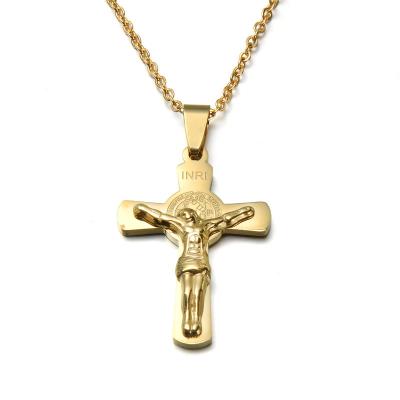 China 2022 Simple CLASSIC Fashion Men Hip Hop Street Religious Catholic St Benedict Godfather Stainless Steel Chain Round Pendant Necklace for sale