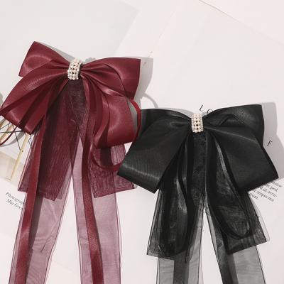 China 2021 new fashion women's vintage wine red color satin long tail fringed hairpin retro hair clips bow sliver hair clips for sale