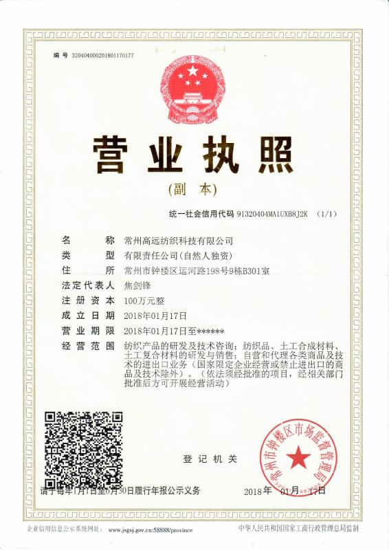 Company Business Certificate - CHANGZHOU PIONEER TEXTILE TECHNOLOGY LTD