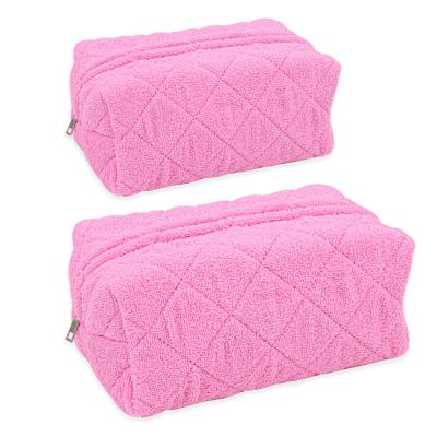 China 2pc Recyclable Cute Soft Quilted Fabric Travel Organizer Terry Cloth Zipper Pouch Makeup Cosmetic Bag for sale