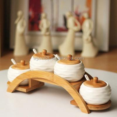 China Viable Hot Selling Herb and Spice Tool Kit, Ceramic Spice and Salt Jars with Bamboo Holders, Seasoning Set Wholesale for sale