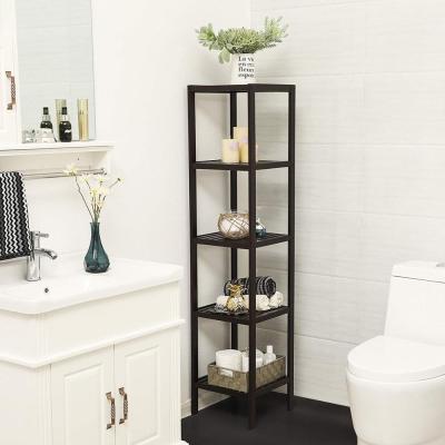 China Multifunctional Foldable Bamboo Bathroom Shelf 5-Tier Storage Rack Shelving Unit Towel Tower Bathroom Brown for sale