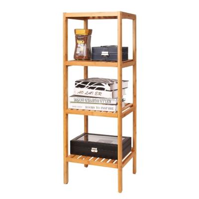 China Traditional Bamboo Shelf 4-Tier Tower Free Standing Multifunctional Bathroom Rack Storage Organizer for sale