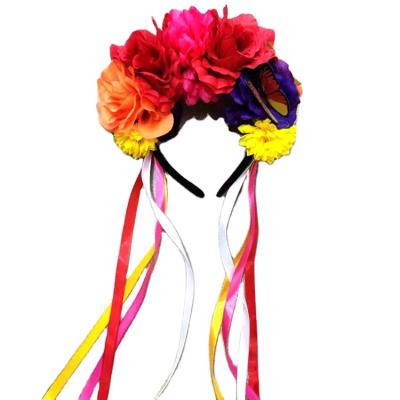 China Polyester Halloween Party Costume Day of the Dead Floral Dia de Los Muertos Headpiece Headband Festival Wear for sale