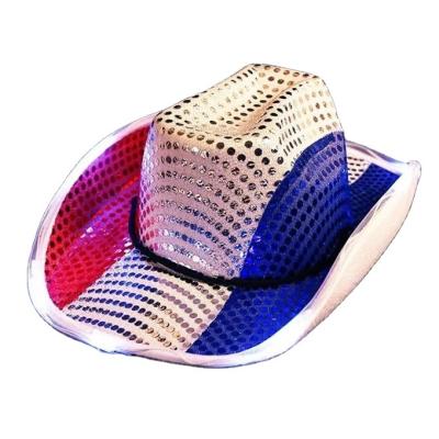 China Polyester Gift Supplies 4th Of July Cowboy Hat LED Light Up Red White And Blue Patriot Cowboy Hat For Men Women for sale