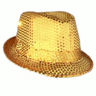 China Party Hat LED Light Sequin Felted Hat Cap Maker LED Light Fedora Hat with Gold Sequins for sale