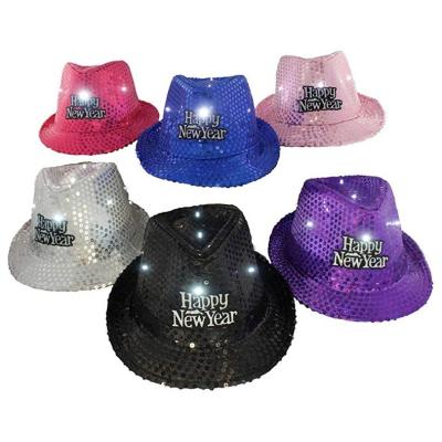 China Sequin Felted Hat Hat Party New Years Light Up LED Flashing Lights Fedora Sequins Party Hats for sale