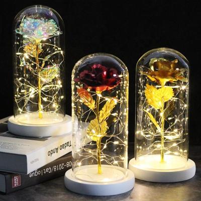 China Birthday Gift Hot Selling Rose Artificial Flower in Glass Dome with Led Light for Wedding Mother's Day Gifts Decoration for sale