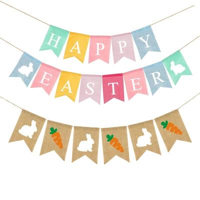 China 2pcs Easter Decorations Easter Banner and Burlap Banner Easter Bunny Carrot Hanging Bunting Garland for Easter Decorations for sale