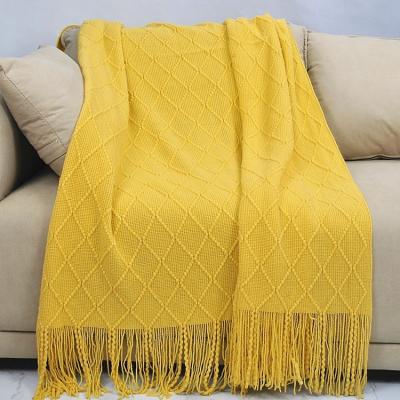 China Sofa Throw Couch Cover Knitted Anti-static Textured Soft Solid Decorative Blanket Mustard for sale