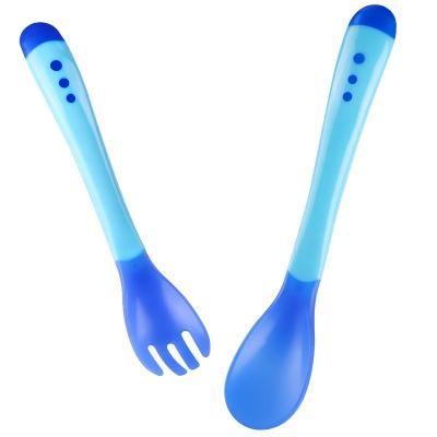 China BPA Free Temperature Detectable Portable Travel Baby Spoon Forks Canned Storage Care Feeding Infants Soft Tip Utensils Spoon Fork for sale