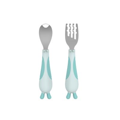 China BPA Free Stainless Steel Baby Spoon And Fork Set Handy Cartoon Patterned Handle Flatware Cutlery Set for sale