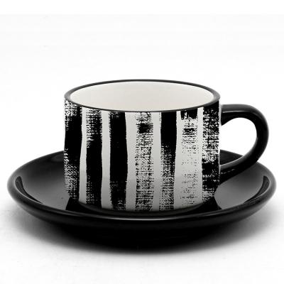 China 2021 Wholesale Healthy Huachen Espresso Latte ODM Nordic Black And White Stripe Design Coffee Cups With Saucer for sale