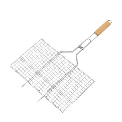 China Easily Cleaned Portable BBQ Grilling Basket 430 Stainless Steel Handle Removable Wood Grill Net for sale