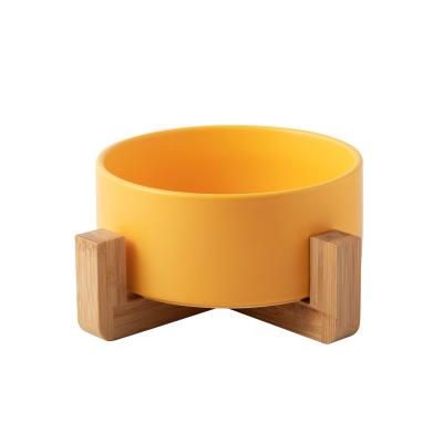 China Matte Ceramic Dog Feeding Bowl , 6.5 cm Bamboo Wood Stand Cat Feeding Bowl for sale