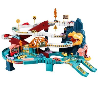 China Electric Rail Car Dinosaur Building Parking Lot Adventure Racing Rail Car Toys Children Brain Mechanical Interactive Rail Cars for sale