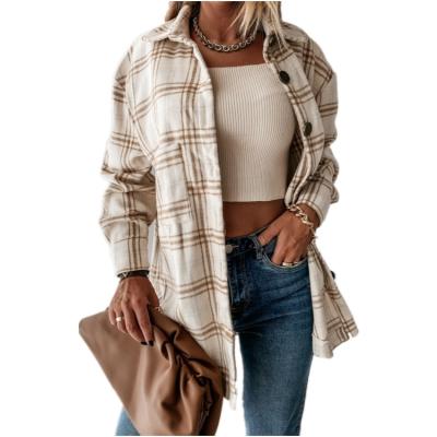 China Anti-pilling Retro Autumn And Winter Yarn Dyed Plaid Shirt Loose Casual Long Sleeve Coats For Ladies for sale