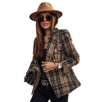 China Winter Sustainable Coat For Women Buttoned Plaid Lapel Printed Slim Coats For Ladies Women Jacket Coats for sale