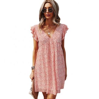 China 2021 anti-static new arrival mid-waist breathable chiffon V-neck loose floral dress summer for sale