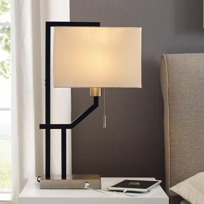 China Modern Minimalist Luxury Black Brushed White Canvas Lamp Table Lamps Nickel USB Port Bedside Shade Table Lamp for sale