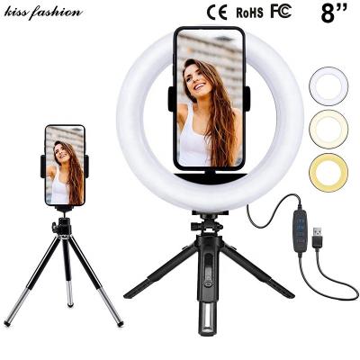 China Visual Shooting 8 Inch LED Ring Light With Tripod Stand and Phone Holder, Dimmable 3 Color Modes and 10 Brightness USB Powered Desktop Selfie Light for sale