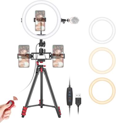 China Video Shooting LED Ring Light 10-Inch Selfie Ring Light with Tripod Stand 3 Phone Holders with 3 Mode Lights and 10-Level Flashes for sale