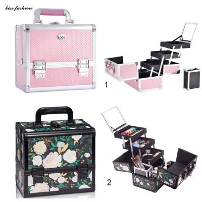 China Viable Fashion Kiss Makeup Train Case Box Portable Cosmetic Makeup Brush Set With Case Private Label With Mirror And Lockable Key for sale