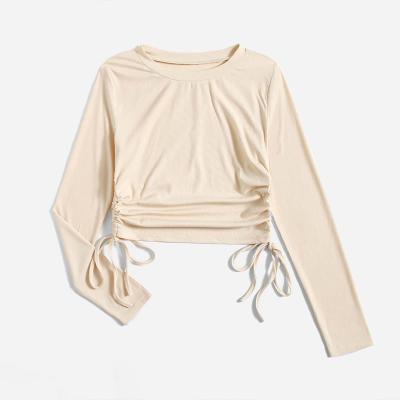 China Autumn New Lady Fashion Breathable Round Collar Long Sleeve Drawstring T-Shirt for sale