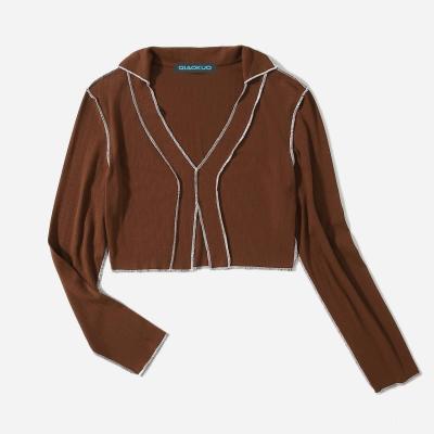 China 2021 Anti-wrinkle fashion solid color women high waist thin sleeve cardigan t-shirt long for sale