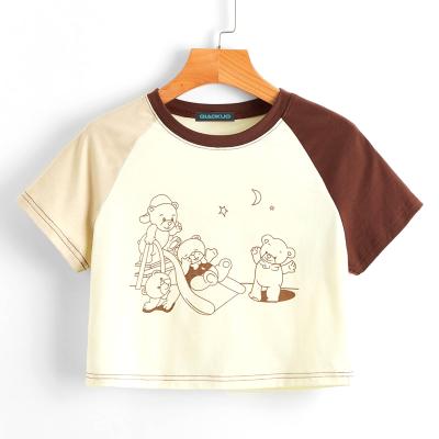 China Anti-wrinkle Wholesale Price Woman Cartoon Printed Color Matching Cropped T-shirt for sale