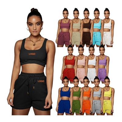 China QUICK DRY Custom Logo Crop Tracksuit Set Women Biker Sportswear Solid Color Top Two Piece Vest and Short Pants 2 Piece Set for sale