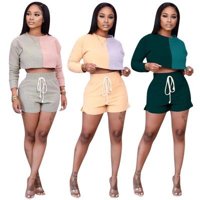 China QUICK DRY 2023 Color Splicing Long Sleeve Crop Top Women Summer Outfits T-Shirt 2 Piece Set And Biker Shorts Lounge Wear Two Piece Set for sale