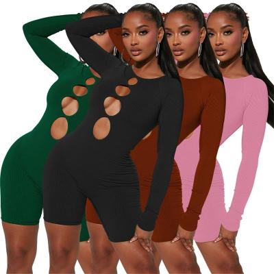 China 2023 New Spring Style QUICK DRY Women Hollow Out Romper Jumpsuit Round Neck One Piece Hip Lift Up Bodycon Slim Fit Sexy Jumpsuit for sale