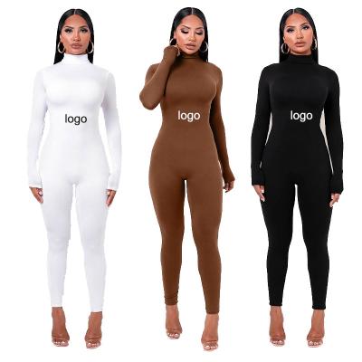 China Brown Bodycon Overalls Women Romper Outfit One Piece Sexy QUICK DRY Turtle Neck Black White Black Long Sleeve Autumn Jumpsuit Female for sale