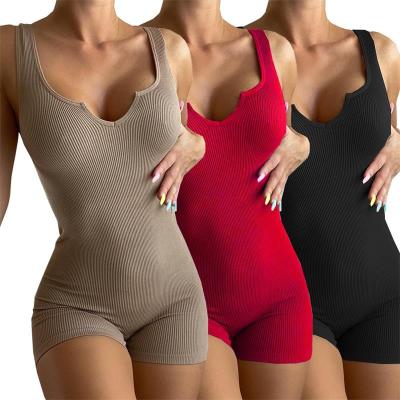 China Wholesale Slim V-neck QUICK DRY Shorts Custom Logo Women Bodycon One Piece Rompers Overalls Ribbed Knitted Tank Top Body Suits for sale