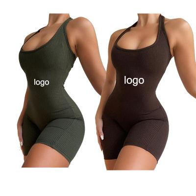 China Logo Women Halter Backless Bodysuit Custom QUICK DRY Ribbed Bodycon Yoga Sports Gym Workout Sleeveless Short Romper One Piece Jumpsuit for sale