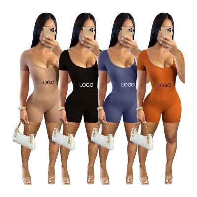 China Custom QUICK DRY Logo Sport Solid Ribbed Knit Bodycon Overalls Casual Women Short Tight One Piece Romper Jumpsuit Overalls for sale