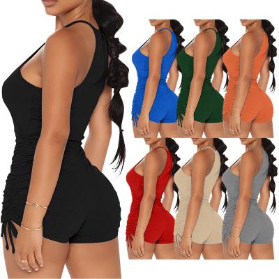 China Ladies Summer Solid Color QUICK DRY Drawstring Pleated Casual Sleeveless One Piece Short Rompers Women Overalls for sale