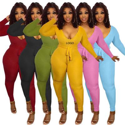 China New Style Autumn QUICK DRY Ladies Winter Elegant V Neck Pit Stripes Long Sleeve Solid Jumpsuit Romper Color One Piece Overalls 1 For Women for sale